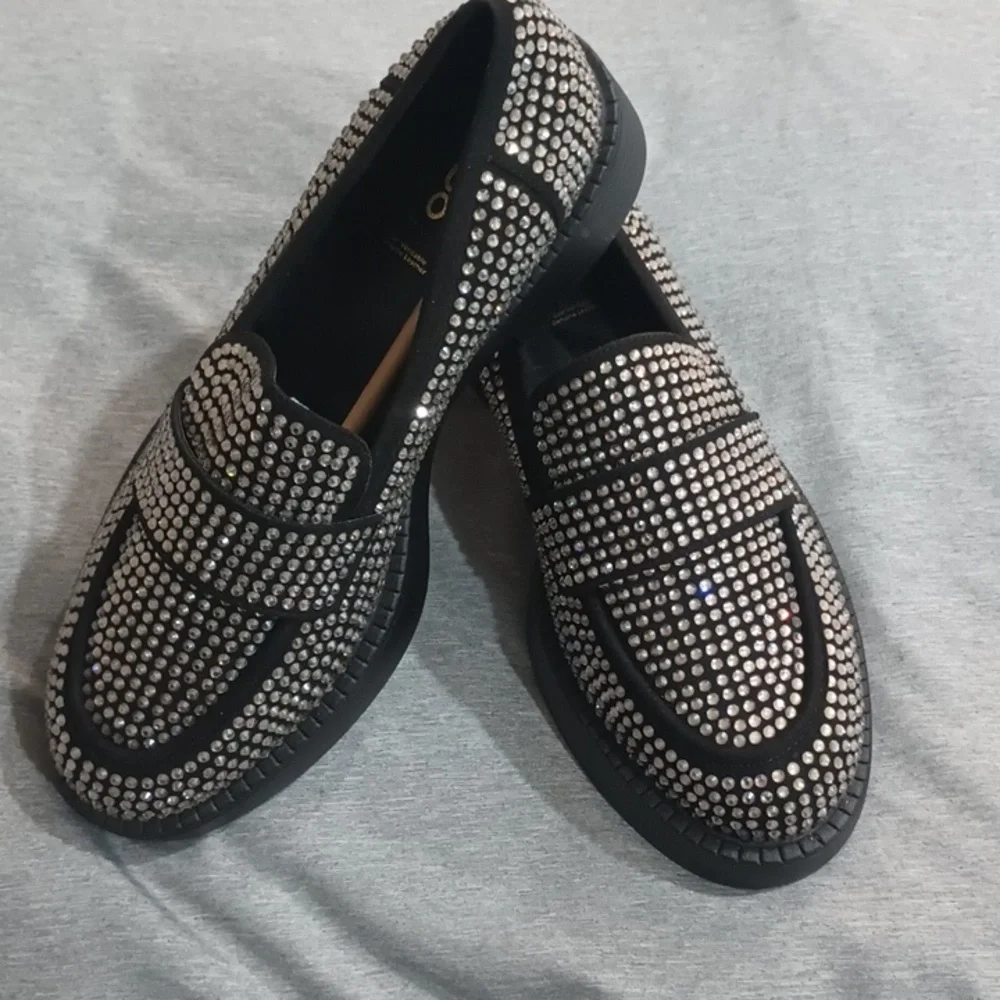 Aldo Black and Silver Studded Loafers - Picture 1 of 6